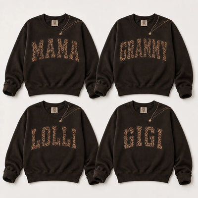 Custom family name sweatshirt with leopard print varsity-style lettering
