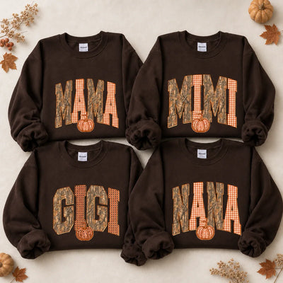 Personalized fall sweatshirt with a family nickname in camo and orange gingham letters and a small pumpkin