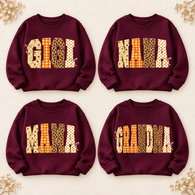 Personalized grandma sweatshirt with floral, gingham and leopard patchwork nickname letters