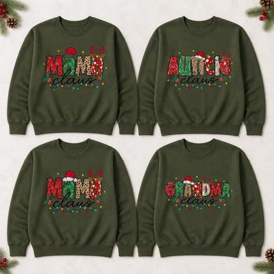 Personalized Mama Claus Christmas sweatshirt with Santa hat, reindeer antlers and holiday lights