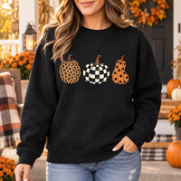 Fall Pumpkin Sweatshirt and T-Shirt, Leopard Checkered Pumpkin Graphic Tee, Polka Dot Autumn Pumpkin Shirt, Cute Halloween Thanksgiving Fall Gift for Women