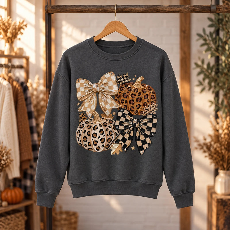 Coquette Fall Pumpkin Sweatshirt, Leopard Bow Autumn Shirt