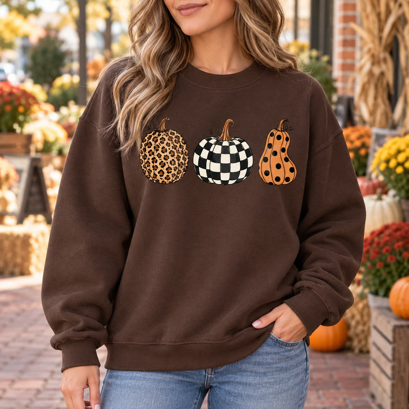 Fall Pumpkin Sweatshirt and T-Shirt, Leopard Checkered Pumpkin Graphic Tee, Polka Dot Autumn Pumpkin Shirt, Cute Halloween Thanksgiving Fall Gift for Women