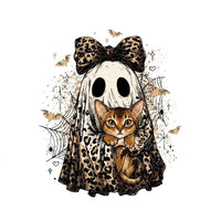 Halloween Cat Sweatshirt, Leopard Ghost Holding Custom Cat Breed, Spooky Season Cat Lover Gift for Women, Coquette Bow Leopard Print Style – Abyssinian
