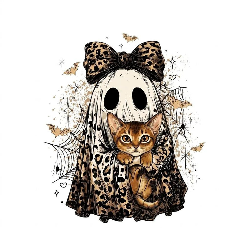 Halloween Cat Sweatshirt, Leopard Ghost Holding Custom Cat Breed, Spooky Season Cat Lover Gift for Women, Coquette Bow Leopard Print Style – Abyssinian