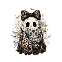 Halloween Cat Sweatshirt, Leopard Ghost Holding Custom Cat Breed, Spooky Season Cat Lover Gift for Women, Coquette Bow Leopard Print Style – American Shorthair