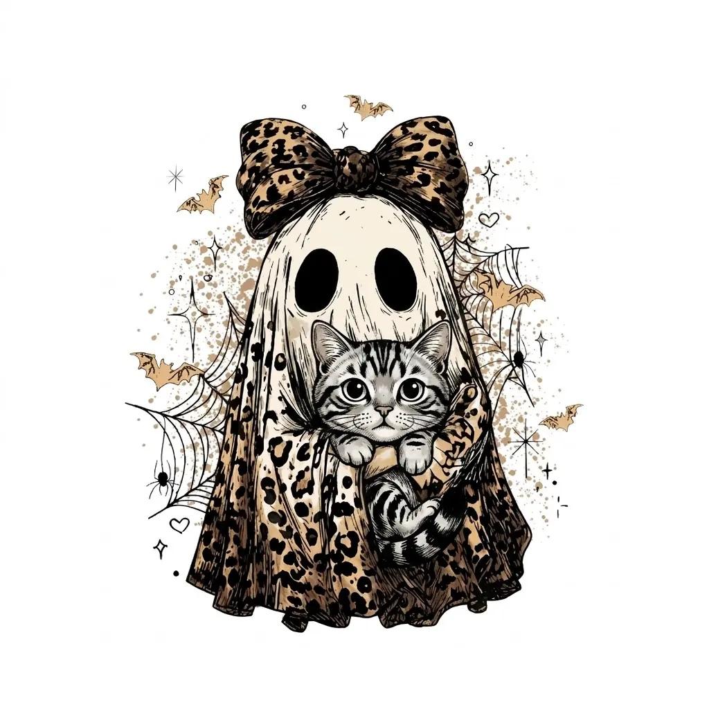 Halloween Cat Sweatshirt, Leopard Ghost Holding Custom Cat Breed, Spooky Season Cat Lover Gift for Women, Coquette Bow Leopard Print Style – American Shorthair