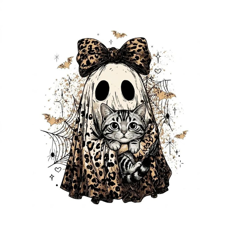 Halloween Cat Sweatshirt, Leopard Ghost Holding Custom Cat Breed, Spooky Season Cat Lover Gift for Women, Coquette Bow Leopard Print Style – American Shorthair