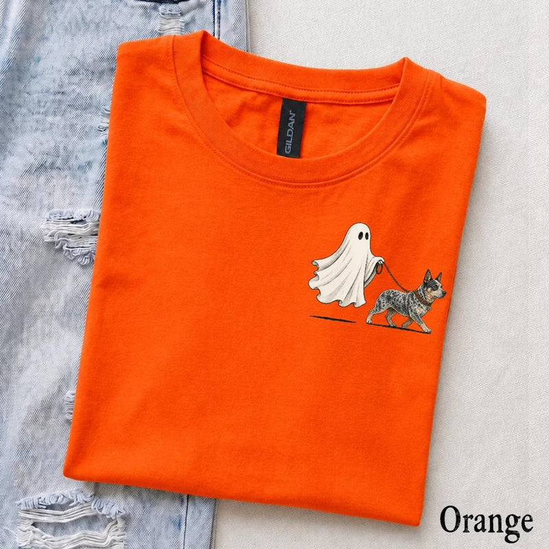 Personalized Dog Breed Halloween T-Shirt, Custom Ghost Walking Pet Top, Spooky Season Dog Mom Gift – Australian Cattle