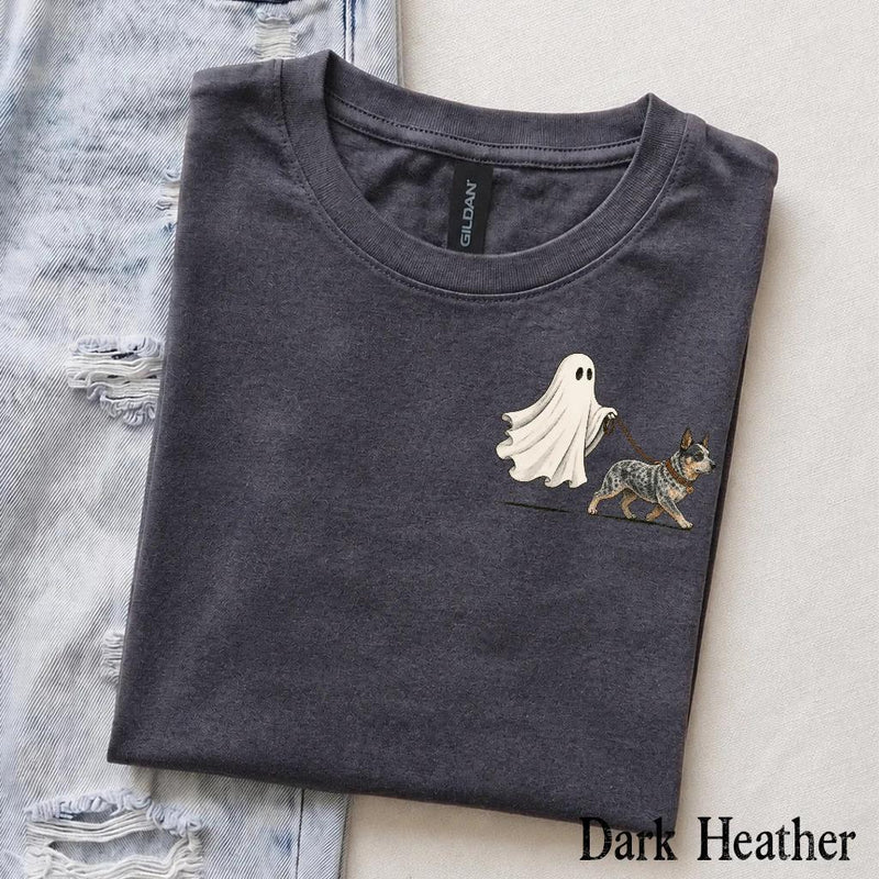 Personalized Dog Breed Halloween T-Shirt, Custom Ghost Walking Dog Graphic, Spooky Season Dog Mom Dad Gift – Australian Cattle