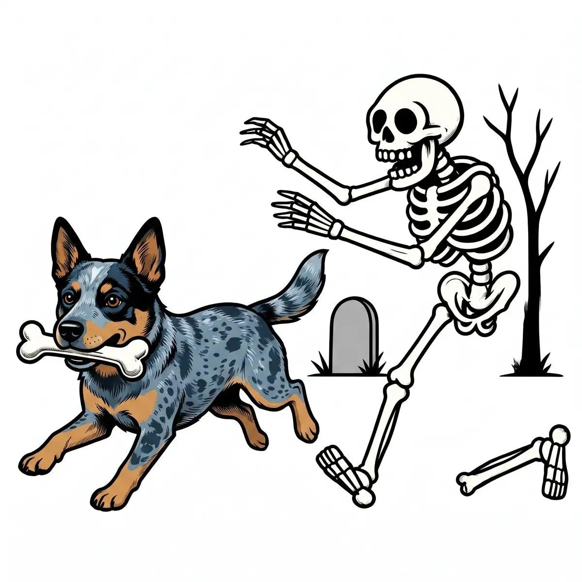 Personalized Dog Breed Halloween T-Shirt, Custom Choose Your Dog, Funny Skeleton Chasing Pup Graphic, Spooky Pet Lover Gift – Australian Cattle