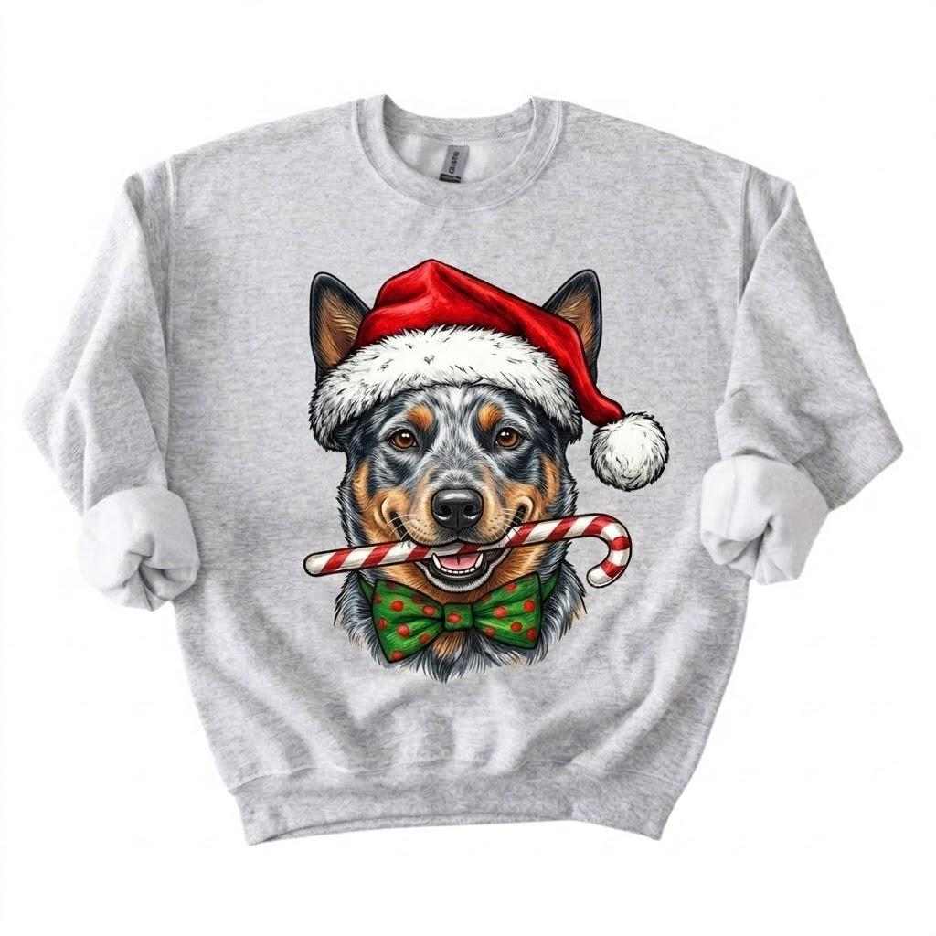 Personalized 50+ Dog Breed Christmas Sweatshirt, Custom Santa Hat Candy Cane Pet Portrait, Dog Mom and Dog Dad Holiday Gift – Australian Cattle