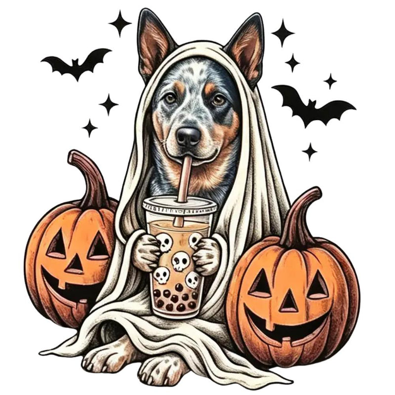 Personalized Dog Halloween T-Shirt, Custom Choose Your Dog Breed Ghost Boba Design, Cute Spooky Fall Pet Mom Dog Lover Gift – Australian Cattle