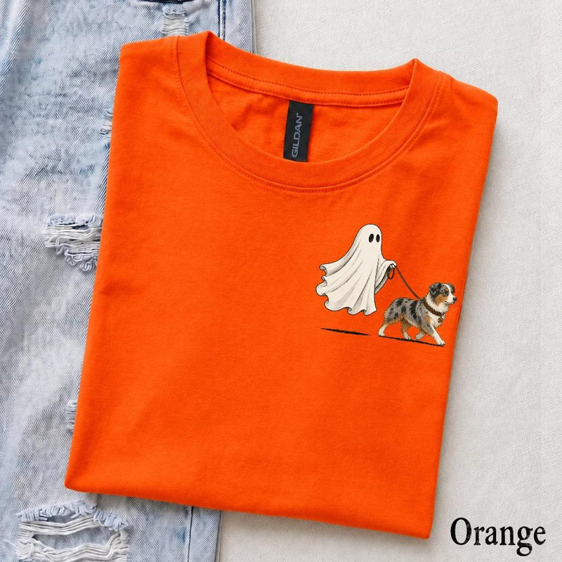 Personalized Dog Breed Ghost Walking Pet Halloween T-Shirt, Cute Fall Spooky Season Dog Mom Graphic Tee – Australian Shepherd
