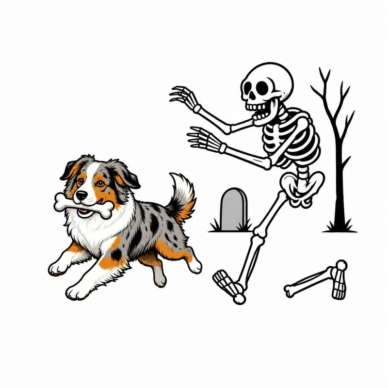 Personalized Dog Breed Halloween T-Shirt, Custom Choose Your Dog, Funny Skeleton Chasing Pup Graphic, Spooky Pet Lover Gift – Australian Shepherd