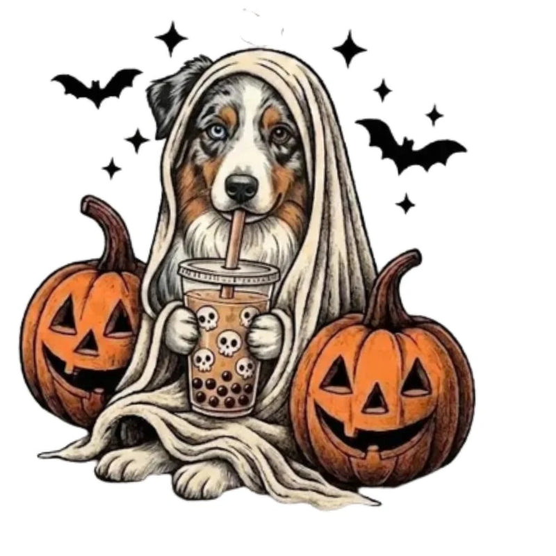 Personalized Dog Halloween T-Shirt, Custom Choose Your Dog Breed Ghost Boba Design, Cute Spooky Fall Pet Mom Dog Lover Gift – Australian Shepherd