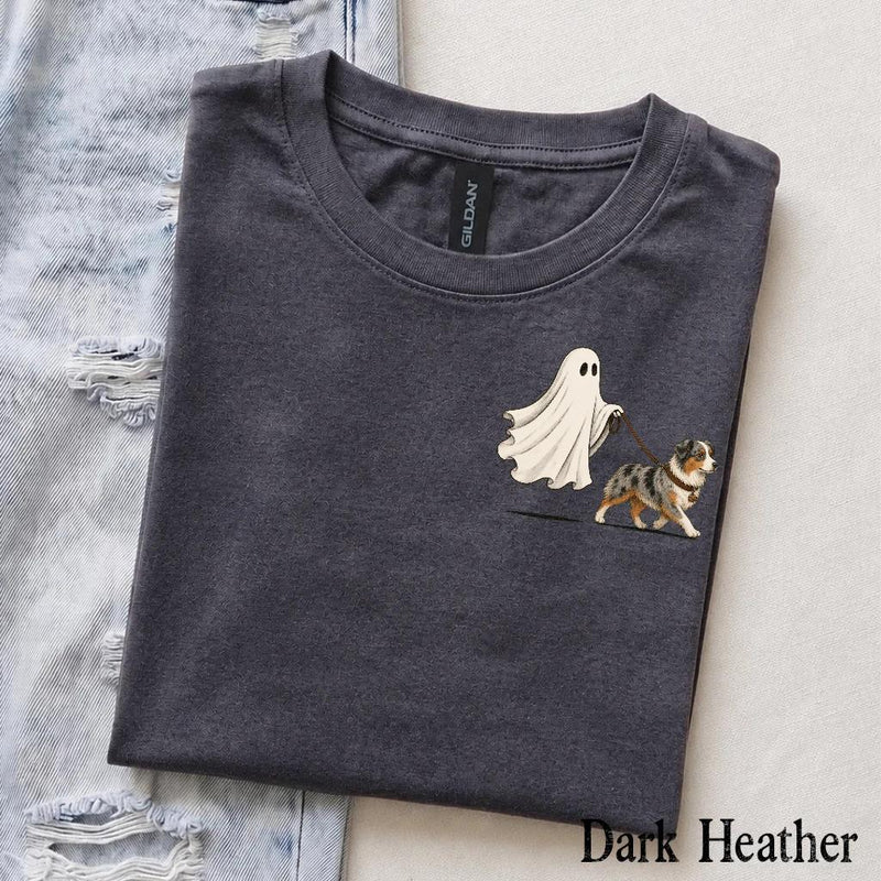 Personalized Dog Breed Halloween T-Shirt, Custom Ghost Walking Dog Graphic, Spooky Season Dog Mom Dad Gift – Australian Shepherd
