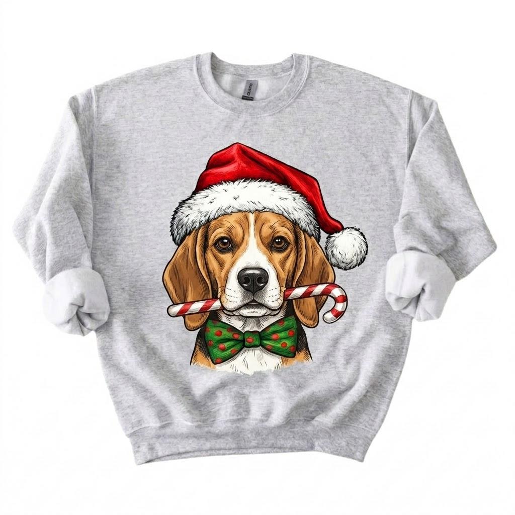 Personalized 50+ Dog Breed Christmas Sweatshirt, Custom Santa Hat Candy Cane Pet Portrait, Dog Mom and Dog Dad Holiday Gift – Beagle