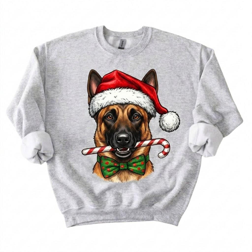 Personalized 50+ Dog Breed Christmas Sweatshirt, Custom Santa Hat Candy Cane Pet Portrait, Dog Mom and Dog Dad Holiday Gift – Belgian Malinois