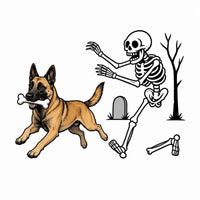 Personalized Dog Breed Halloween T-Shirt, Custom Choose Your Dog, Funny Skeleton Chasing Pup Graphic, Spooky Pet Lover Gift – Belgian Malinois