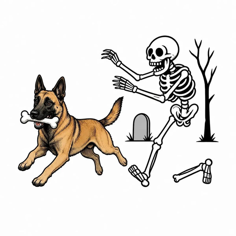 Personalized Dog Breed Halloween T-Shirt, Custom Choose Your Dog, Funny Skeleton Chasing Pup Graphic, Spooky Pet Lover Gift – Belgian Malinois