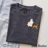 Personalized Dog Breed Halloween T-Shirt, Custom Ghost Walking Dog Graphic, Spooky Season Dog Mom Dad Gift – Belgian Malinois