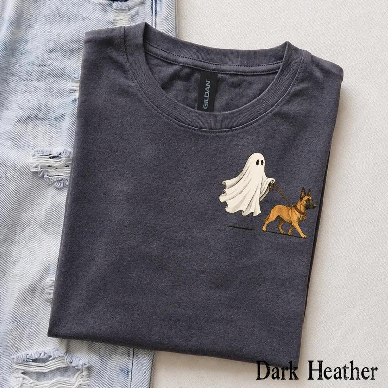 Personalized Dog Breed Halloween T-Shirt, Custom Ghost Walking Dog Graphic, Spooky Season Dog Mom Dad Gift – Belgian Malinois