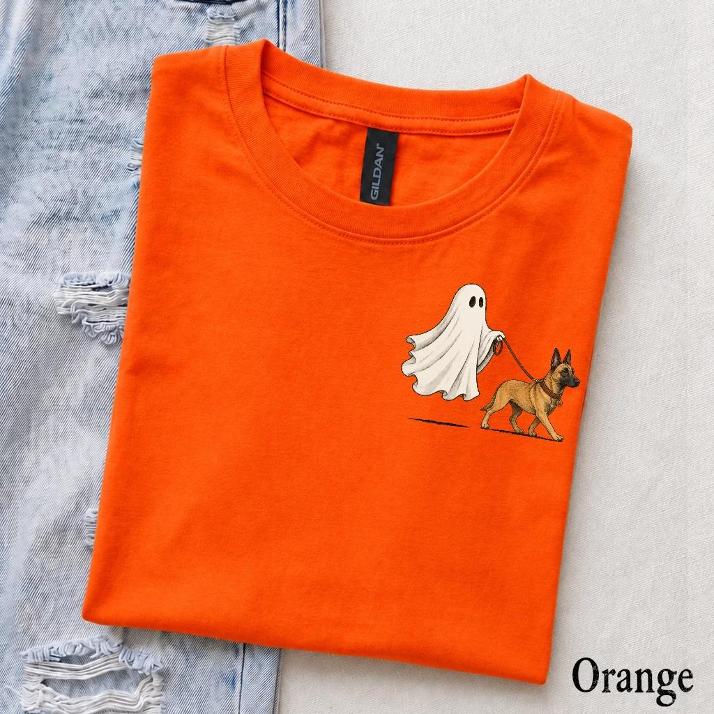 Personalized Dog Breed Halloween T-Shirt, Custom Ghost Walking Pet Top, Spooky Season Dog Mom Gift – Belgian Malinois