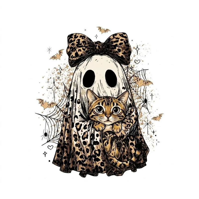 Halloween Cat Sweatshirt, Leopard Ghost Holding Custom Cat Breed, Spooky Season Cat Lover Gift for Women, Coquette Bow Leopard Print Style – Bengal