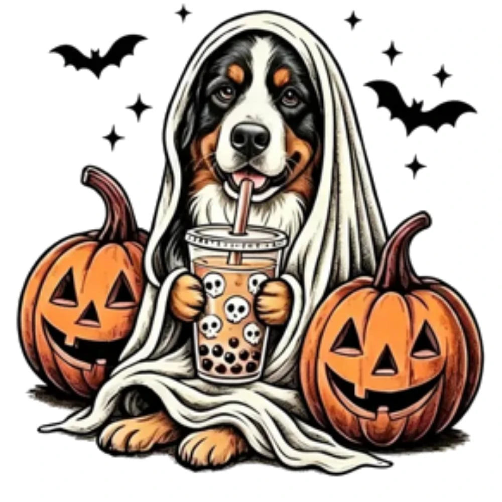 Personalized Ghost Dog Boba Halloween T-Shirt, Custom Choose Your Dog Breed 50+ Options, Cute Spooky Fall Pet Mom Gift – Bernese
