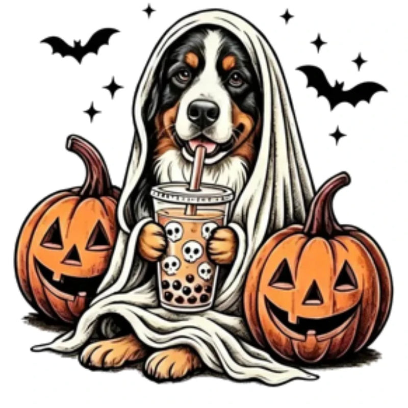 Personalized Ghost Dog Boba Halloween T-Shirt, Custom Choose Your Dog Breed 50+ Options, Cute Spooky Fall Pet Mom Gift – Bernese