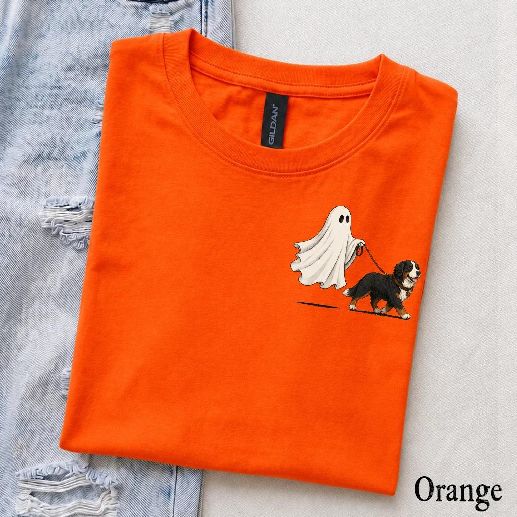 Personalized Dog Breed Halloween T-Shirt, Custom Ghost Walking Pet Top, Spooky Season Dog Mom Gift – Bernese Mountain
