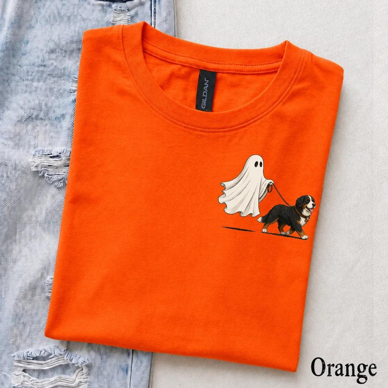 Personalized Dog Breed Halloween T-Shirt, Custom Ghost Walking Pet Top, Spooky Season Dog Mom Gift – Bernese Mountain
