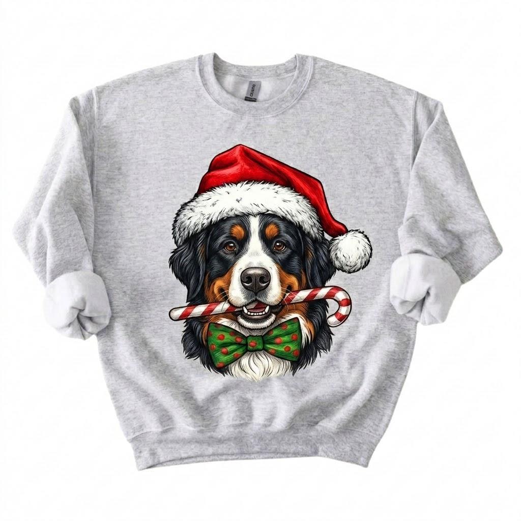 Personalized 50+ Dog Breed Christmas Sweatshirt, Custom Santa Hat Candy Cane Pet Portrait, Dog Mom and Dog Dad Holiday Gift – Bernese Mountain