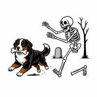 Personalized Dog Breed Halloween T-Shirt, Custom Choose Your Dog, Funny Skeleton Chasing Pup Graphic, Spooky Pet Lover Gift – Bernese Mountain