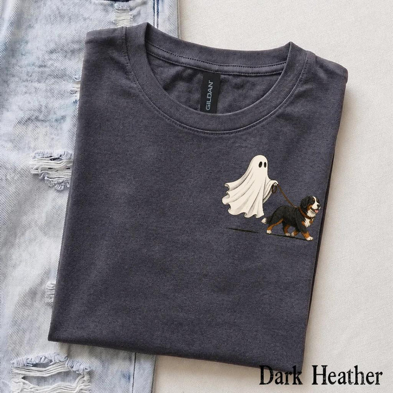 Personalized Dog Breed Halloween T-Shirt, Custom Ghost Walking Dog Graphic, Spooky Season Dog Mom Dad Gift – Bernese Mountain