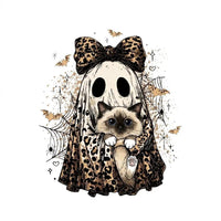 Halloween Cat Sweatshirt, Leopard Ghost Holding Custom Cat Breed, Spooky Season Cat Lover Gift for Women, Coquette Bow Leopard Print Style – Birman