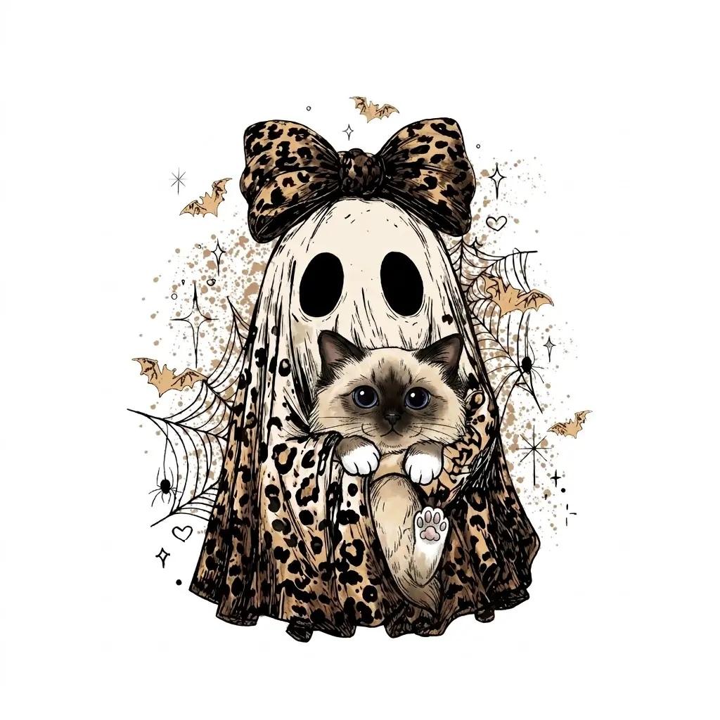 Halloween Cat Sweatshirt, Leopard Ghost Holding Custom Cat Breed, Spooky Season Cat Lover Gift for Women, Coquette Bow Leopard Print Style – Birman