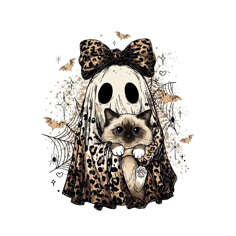 Halloween Cat Sweatshirt, Leopard Ghost Holding Custom Cat Breed, Spooky Season Cat Lover Gift for Women, Coquette Bow Leopard Print Style – Birman