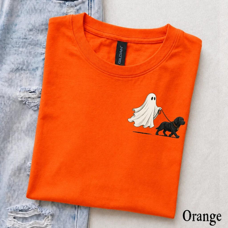 Personalized Dog Breed Ghost Walking Pet Halloween T-Shirt, Cute Fall Spooky Season Dog Mom Graphic Tee – Black Labrador