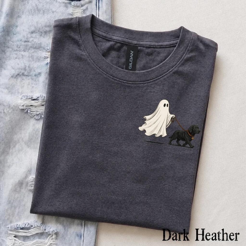 Personalized Dog Breed Halloween T-Shirt, Custom Ghost Walking Dog Graphic, Spooky Season Dog Mom Dad Gift – Black Labrador