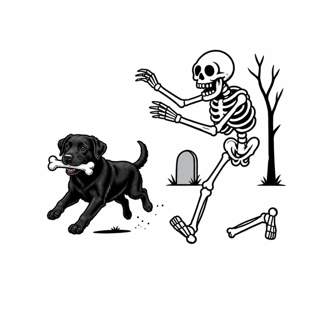 Personalized Dog Breed Halloween T-Shirt, Custom Choose Your Dog, Funny Skeleton Chasing Pup Graphic, Spooky Pet Lover Gift – Black Labrador