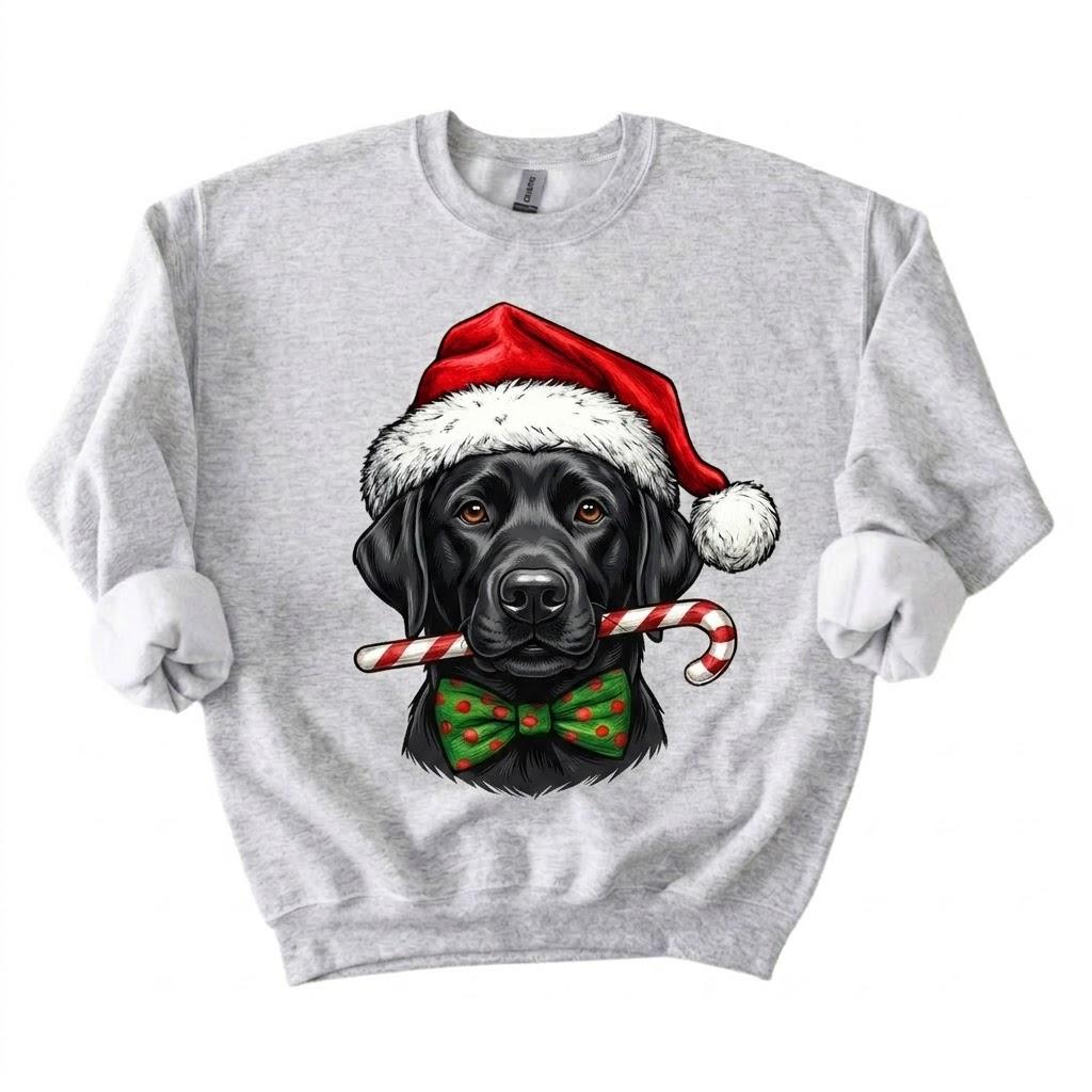 Personalized Dog Breed Christmas Sweatshirt, 50+ Breed Options, Santa Hat Candy Cane Dog Portrait, Holiday Gift for Dog Mom and Dog Dad – Black Labrador