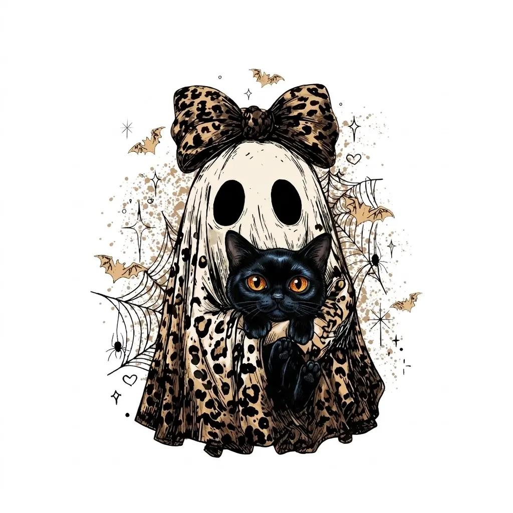 Halloween Cat Sweatshirt, Leopard Ghost Holding Custom Cat Breed, Spooky Season Cat Lover Gift for Women, Coquette Bow Leopard Print Style – Bombay