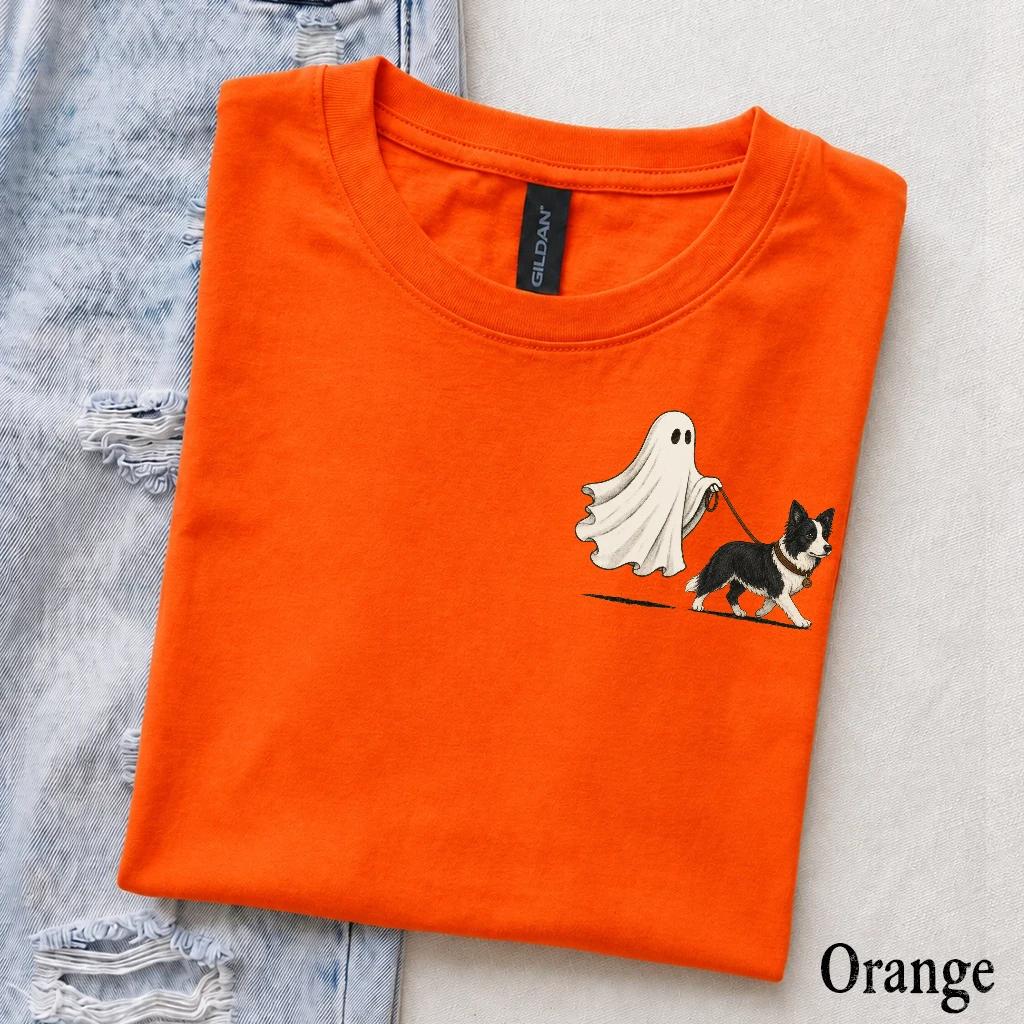 Personalized Dog Breed Halloween T-Shirt, Custom Ghost Walking Pet Top, Spooky Season Dog Mom Gift – Border Collie