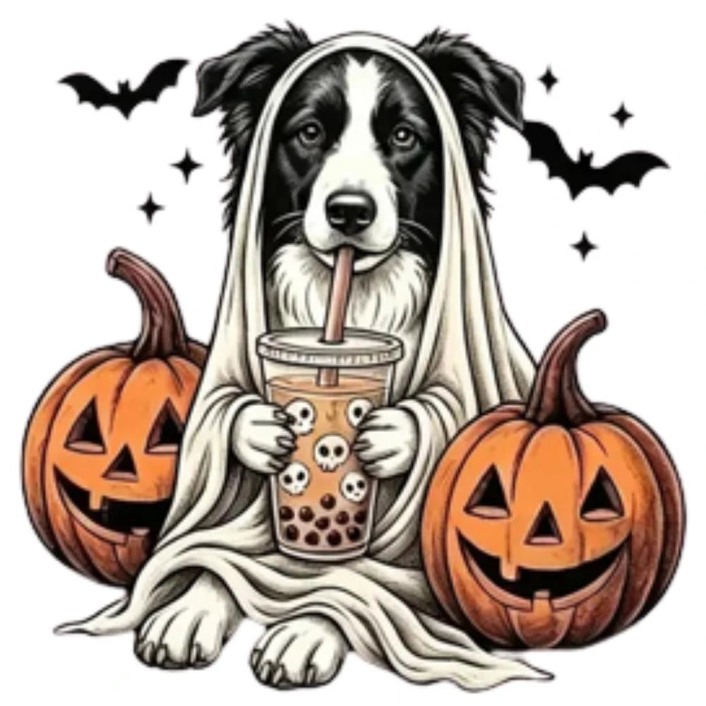 Personalized Ghost Dog Boba Halloween T-Shirt, Custom Choose Your Dog Breed 50+ Options, Cute Spooky Fall Pet Mom Gift – Border Collie