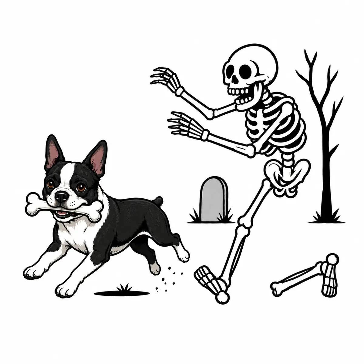 Personalized Dog Breed Halloween T-Shirt, Custom Choose Your Dog, Funny Skeleton Chasing Pup Graphic, Spooky Pet Lover Gift – Boston Terrier