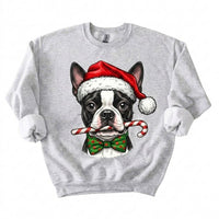 Personalized Dog Breed Christmas Sweatshirt, 50+ Breed Options, Santa Hat Candy Cane Dog Portrait, Holiday Gift for Dog Mom and Dog Dad – Boston Terrier