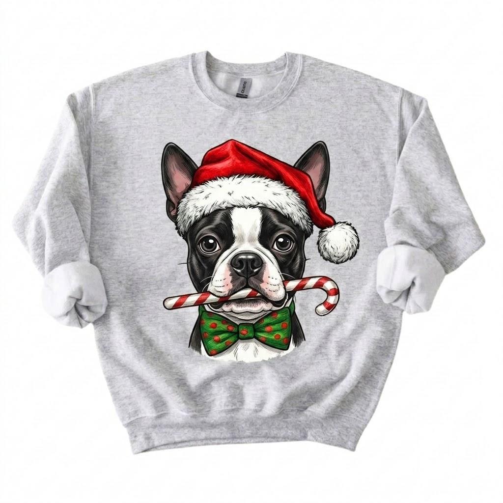 Personalized Dog Breed Christmas Sweatshirt, 50+ Breed Options, Santa Hat Candy Cane Dog Portrait, Holiday Gift for Dog Mom and Dog Dad – Boston Terrier