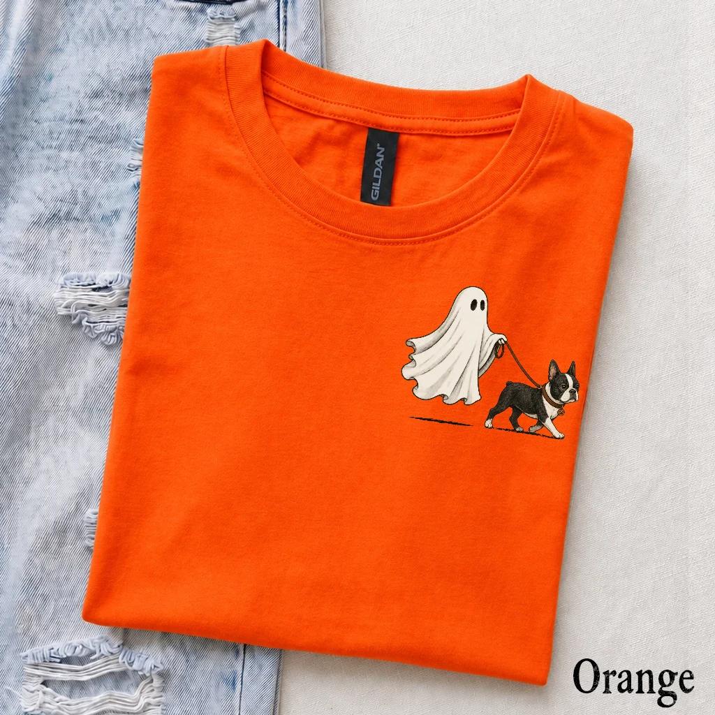 Personalized Dog Breed Ghost Walking Pet Halloween T-Shirt, Cute Fall Spooky Season Dog Mom Graphic Tee – Boston Terrier